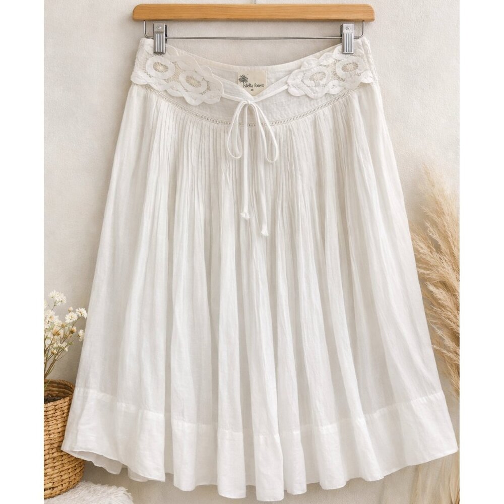 Stella Forest White Boho Pintuck Cotton Skirt Lace Waist EU 38 Vintage Paris S/M